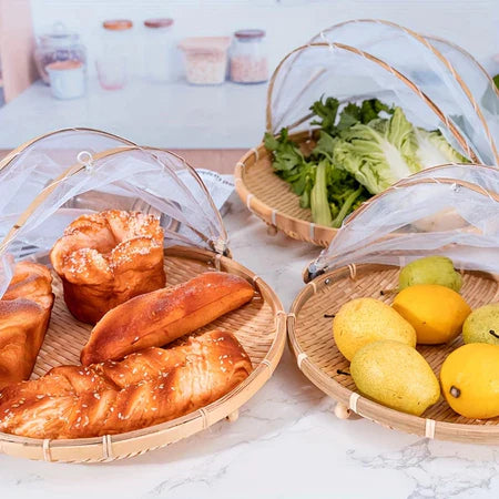 CestFresh - Cesto de Bamboo Com Cobertura de Tela Retrátil Protetor de Alimentos - Entrega Grátis